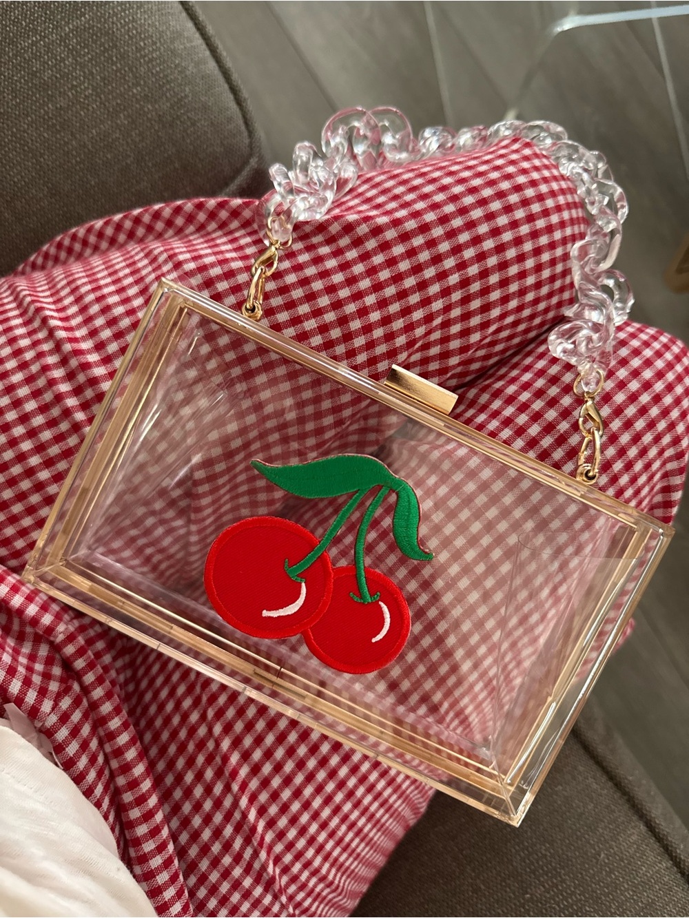 Clear Cherry-Appliqué Box Bag in Red